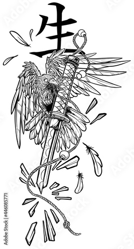 Cartoon graphic raven flying and holding broken katana sword in beak. Japanese hieroglyph means Life. Isolated black and white vector tattoo.