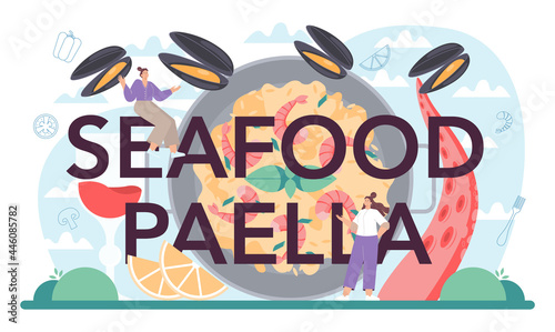 Seafood paella typographic header. Spanish traditional rice dish on plate