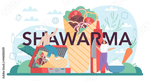 Shawarma typographic header. Chef cooking delicious street food