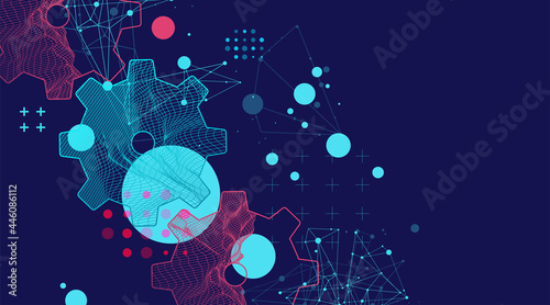 Modern science or technology abstract background using cogwheel. Wireframe spot surface illustration. Vector.