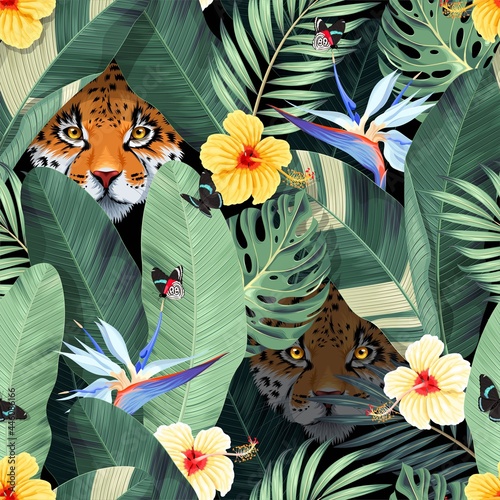 Seamless pattern with tropical flowers and jaguar