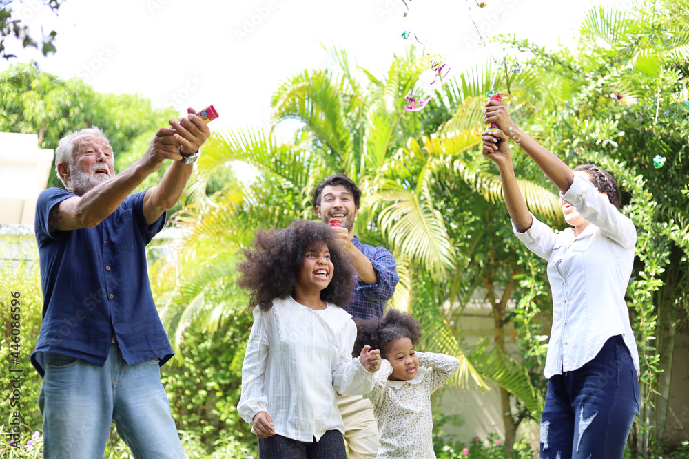 Fototapeta premium Family leisure, holidays, fun and happy time concept in garden park at home.
