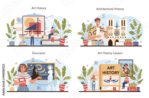 History of art school education set. Student studying art history. Teacher tell