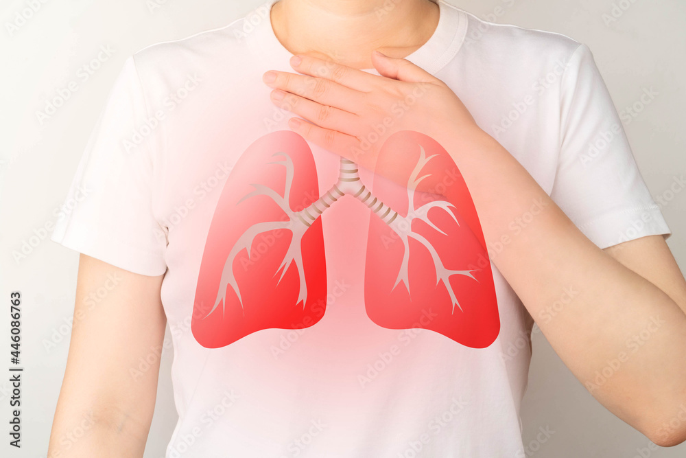 Young ill female have a cough and shortness of breath with lung organ