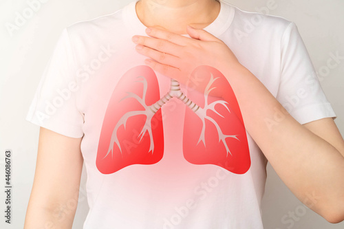 Young ill female have a cough and shortness of breath with lung organ symbol. Pulmonary disease include pneumonia, asthma, COPD, TB, lung cancer or respiratory tract infection. photo