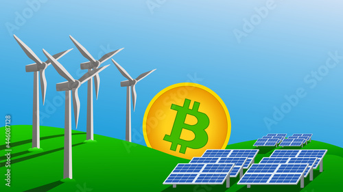 Bitcoin mining concept using green energy to protect environment. Windmills and solar panels generate electricity stand on green grass. Vector illustration.