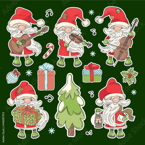 SANTA STICKERS Cartoon Claus With Musical Instruments Christmas Tree And New Year Gifts Printable And Plotter Cutting Clipart Vector illustration Set