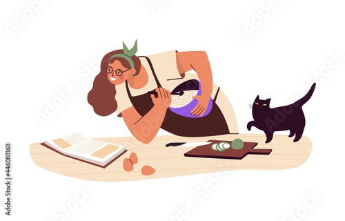 Young happy woman cook at home kitchen. Person in apron preparing homemade food and looking at recipe in culinary book. Cooking hobby. Flat vector illustration isolated on white background.