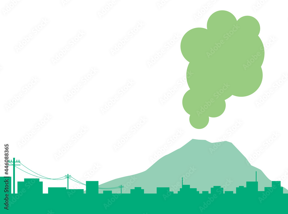 緑の街と桜島のイラスト