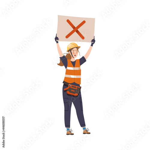 Dissatisfied Woman Worker in Safety Vest Protesting Holding Placard Defending Her Rights Vector Illustration