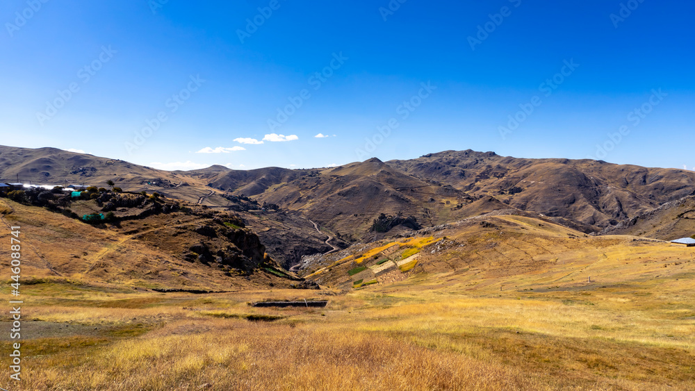 landscape of the mountains of Peru on a sunny day in autumn, the place has a Quechua name 