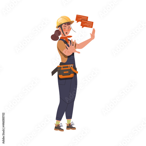 Dissatisfied Woman Worker in Overall and Hard Hat Protesting Defending Her Rights Vector Illustration
