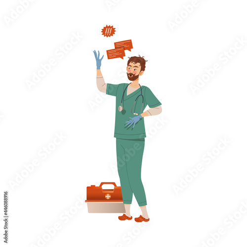 Dissatisfied Man Medical Worker in Uniform Protesting Defending His Rights Vector Illustration