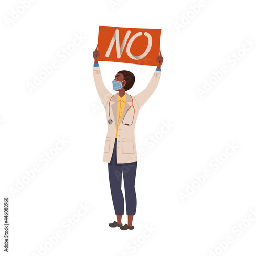 Dissatisfied Man Medical Worker Protesting Holding Placard Defending His Rights Vector Illustration