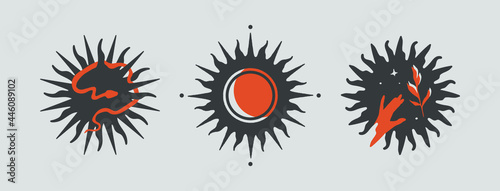 Three black abstract stars with bright orange elements. Modern minimal style. Set of esoteric mystical celestial symbols with snake, sun, branch. Vector illustration perfect for tattoo, post, cards.