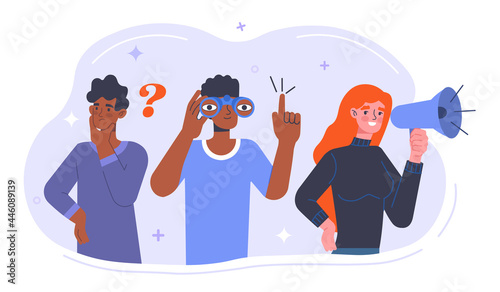 Candidate search concept. Characters with binoculars and a megaphone announce the recruitment of new employees to the company. Free workplace. Cartoon flat vector illustration on a white background