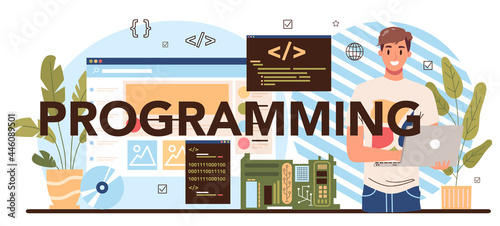 Programming typographic header. IT education, student write software