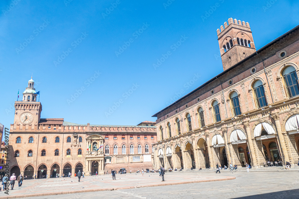 Ancient buildings in Piazza Maggiore in Bologna