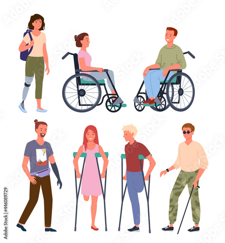 Cartoon smiling man and woman patient handicapped characters standing in row, sitting in wheelchair, holding crutches. Disabled handicap people vector illustration set