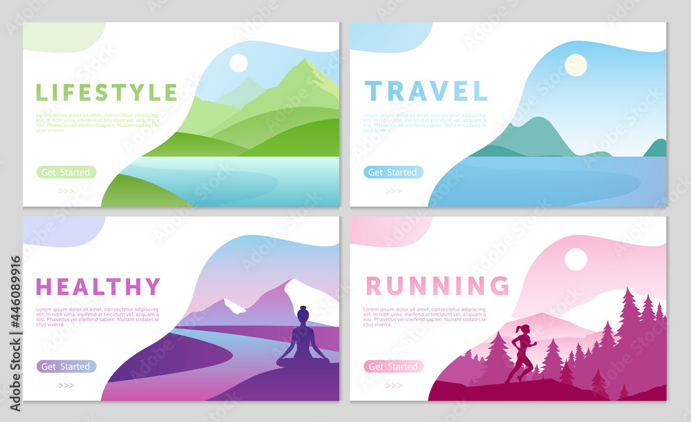 Outdoor travel activity illustration set. Cartoon flat healthy lifestyle traveling concept collection with mountain lake natural scene, active athlete running, yogist doing yoga asana in nature