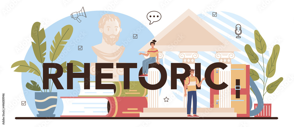 Rhetoric typographic header. Students training public speaking and debates Rhetoric typographic header. Students training public speaking and debates
