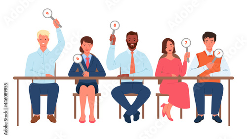Contest judges, people committee judging vector illustration. Cartoon diverse jury man woman characters with sign card board scorecards vote and show score, sitting at table together photo