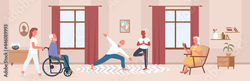 Nursing home interior with senior people vector illustration. Cartoon happy elderly man woman characters do yoga sport exercises, nurse with old disabled patient in wheelchair in retirement home
