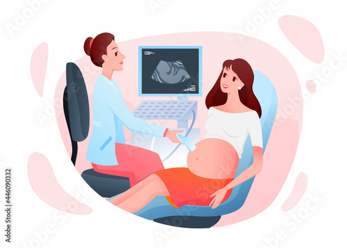 Medicine pregnancy consultation vector illustration. Cartoon doctor examing pregnant woman patient with ultrasound scanner in hospital medical office or ultrasonography laboratory isolated on white
