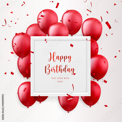 Elegant red ballon and square frame party propper ribbon Happy Birthday celebration card banner template background