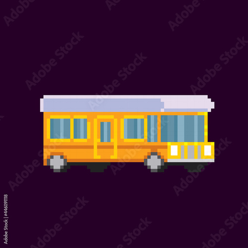 Camper trailer family camping trip. Vehicle, transport and sleeping accommodation, traveling motor home. Pixel art. Old school computer graphic. 8 bit video game. Game assets 8-bit sprite. 16-bit.
