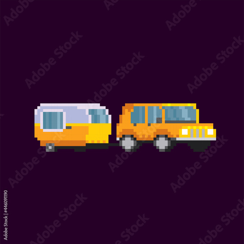 Camper trailer family camping trip. Vehicle, transport and sleeping accommodation, traveling motor home. Pixel art. Old school computer graphic. 8 bit video game. Game assets 8-bit sprite. 16-bit.
