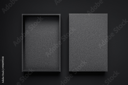 black craft cardboard Gift Box Mockup for branding and identity - open flat lay top view isolated on dark surface background 3d render.