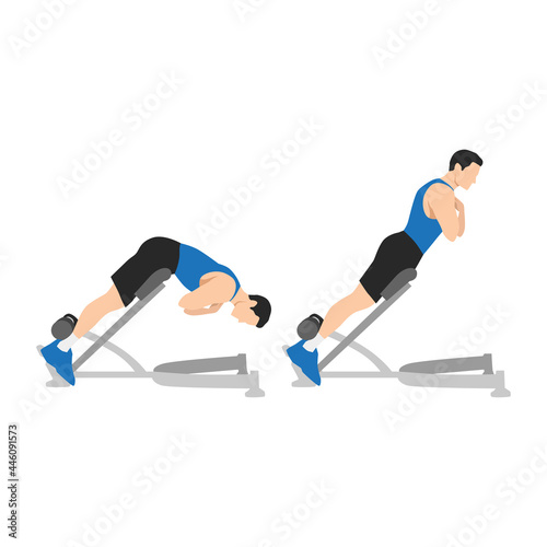 Man doing Back extensions. Hyperextensions exercise. Flat vector illustration isolated on white background