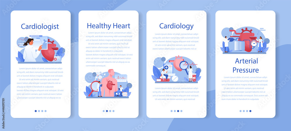 Cardiologist mobile application banner set. Idea of heart care