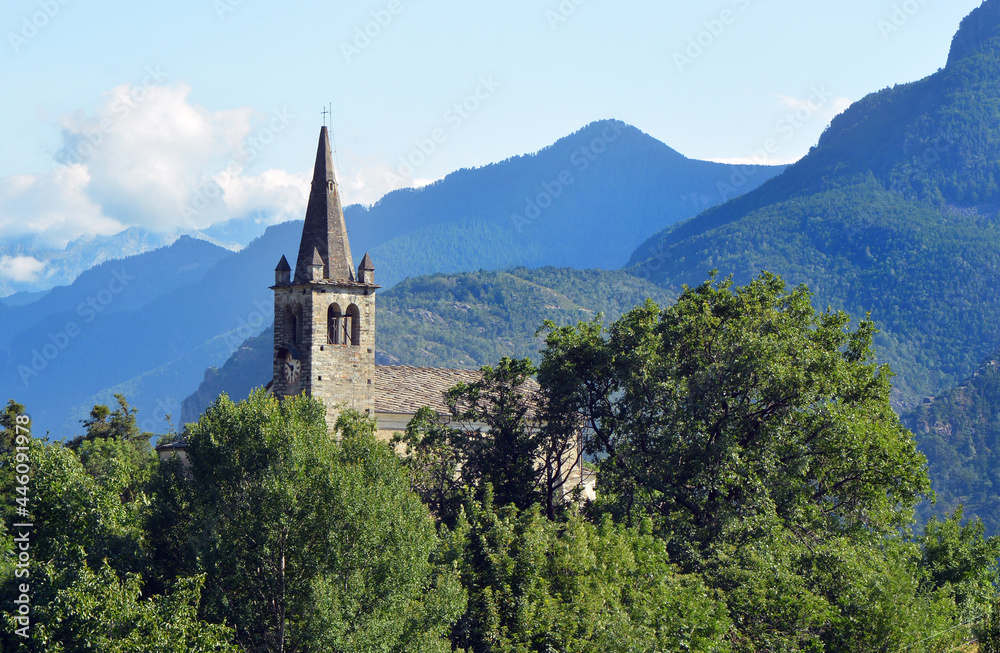 Saint Vincent, Aosta Valley, Italy - The small and antique Romanesque-style church in the village of Moron
