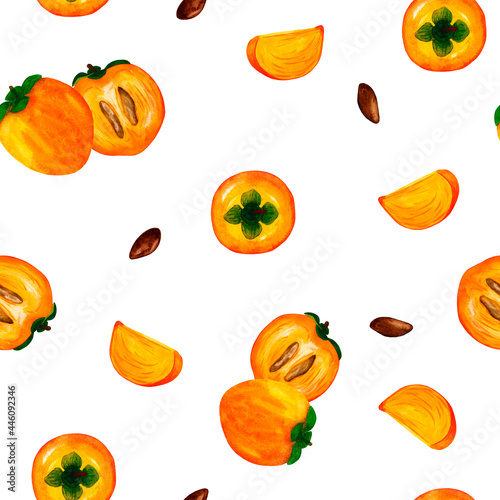 Hand drawn watercolor berries persimmon on white background. Seamless pattern. Perfect for textiles, scrapbooking, gift wrapping, paper bags, stationery, greeting cards, websites, banners, packaging