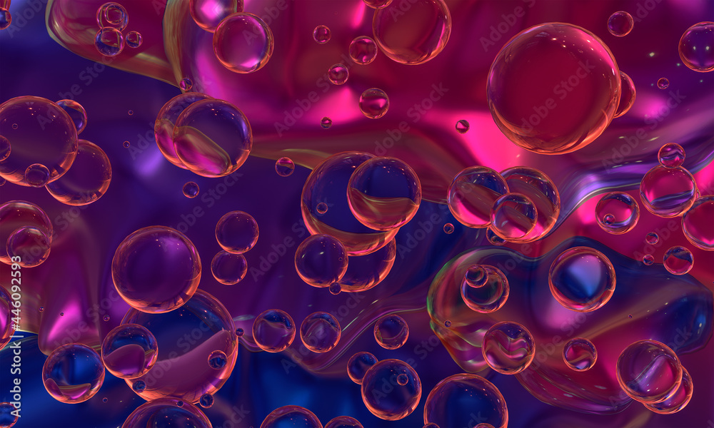 Abstract composition of transparent multicolored spheres of different sizes. 3d rendering.