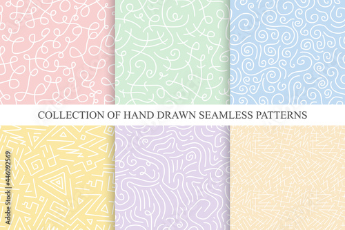 Collection of bright hand drawn seamless curly patterns - delicate design. Vector colorful trendy backgrounds