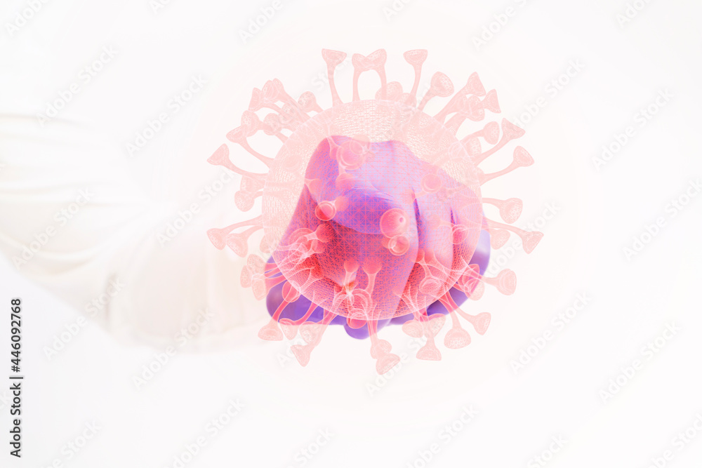 Doctor pointing at coronavirus bacteria with index finger in medical gloves. Covid 19 prevention Doctor pointing at coronavirus bacteria with index finger in medical gloves. Covid 19 prevention