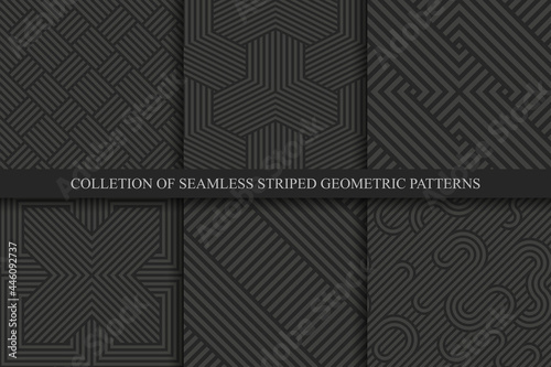 Collection of vector seamless striped patterns. Black geometric luxury backgrounds. Dark linear textures