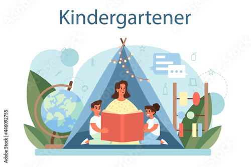 Kindergartener. Professional nany and children doing different activities.