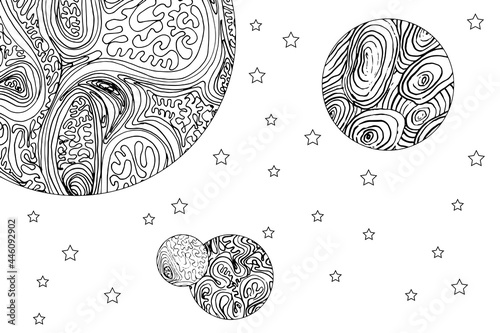Doodle alien fantasy landscape coloring page for adults. Fantastic graphic artwork. Hand drawn simple illustration.