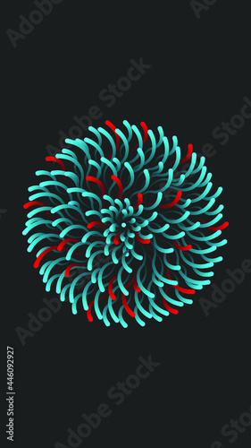 Abstract shape of a sphere made of thin overlapping curves, a futuristic living creature with intertwining tentacles look likes sea anemones, black dark vertical wallpaper.