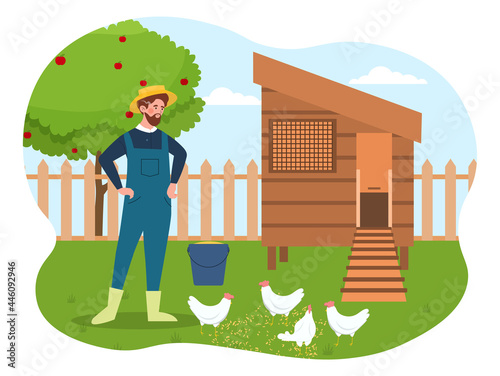 Chicken Coop concept. A young male farmer feeds chickens with millet near their house. Taking care of animals. Birds peck grain. Cartoon modern flat vector illustration isolated on a white background