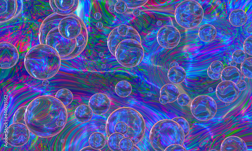 Abstract composition of transparent multicolored spheres of different sizes. 3d rendering.