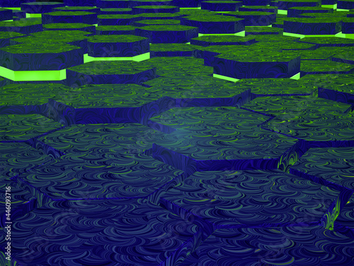 Abstract composition of bright hexagons in green and blue tones. 3d rendering.
