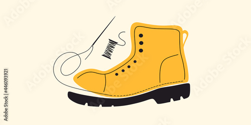 Shoe, footwear sewing and repair. Tailored handmade bespoke shoe, footwear. Bootmaker, shoemaker, cobbler tools.Сustom shoe atelier, workshop. DIY shoemaking.Colorful isolated flat vector illustration