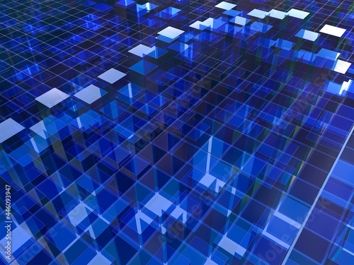 Abstract composition of dark blue transparent cubes of different heights. 3d rendering.