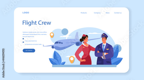 Stewardess web banner or landing page. Flight attendants help passenger