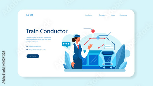 Train conductor web banner or landing page. Railway worker in uniform